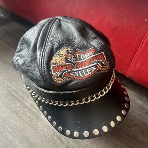 Harley-Davidson Black Leather Biker Cap with Chain & Studs